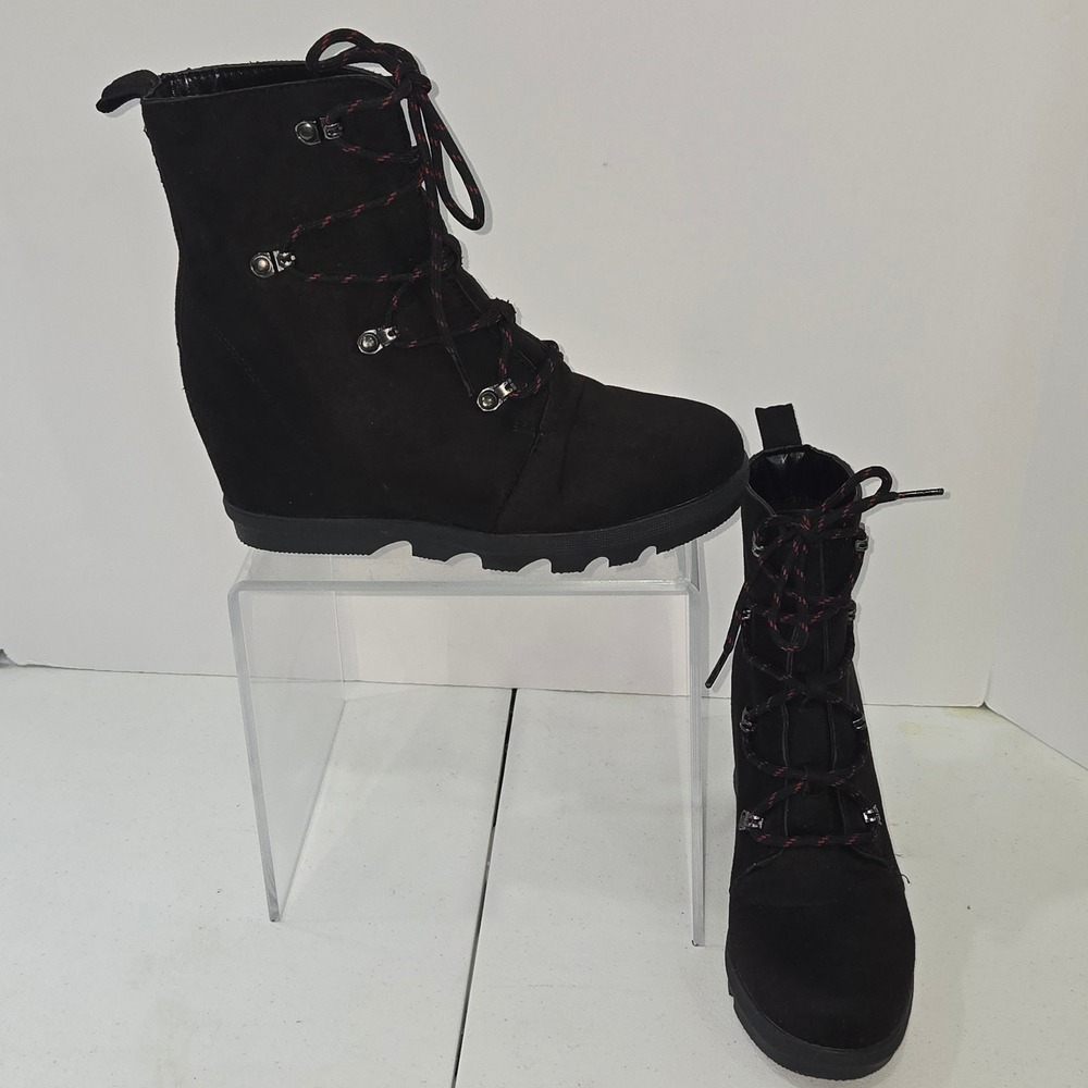 Serra Ladies Black Wedge Boots Lace Up Ankle Booties Size 9